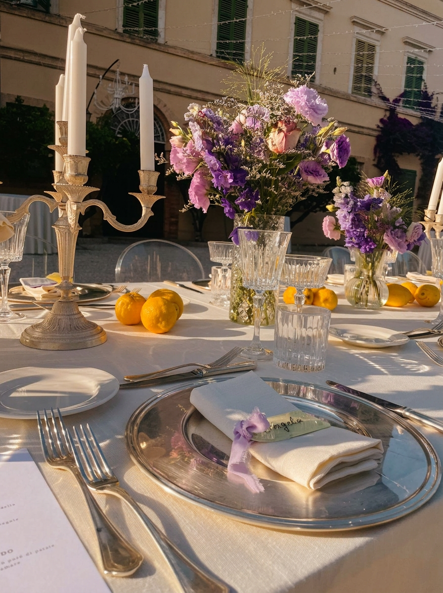 Dettaglio di allestimento con fiori lilla, cristalli e candelabro